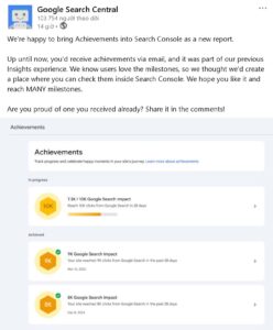 Google vừa bổ sung một tính năng mới trong Google Search Console (GSC) mang tên Achievements – Báo cáo Thành tựu.