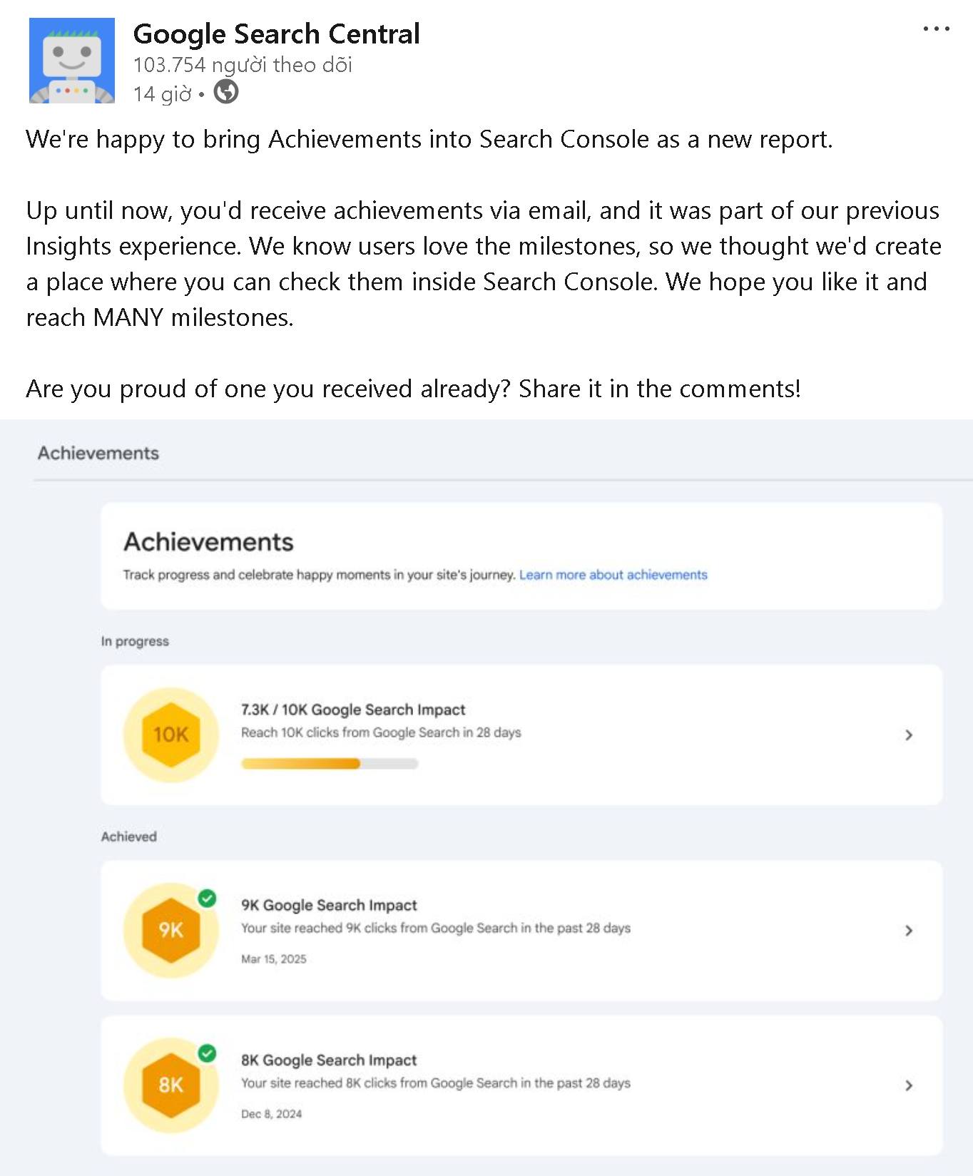 Google vừa bổ sung một tính năng mới trong Google Search Console (GSC) mang tên Achievements – Báo cáo Thành tựu.