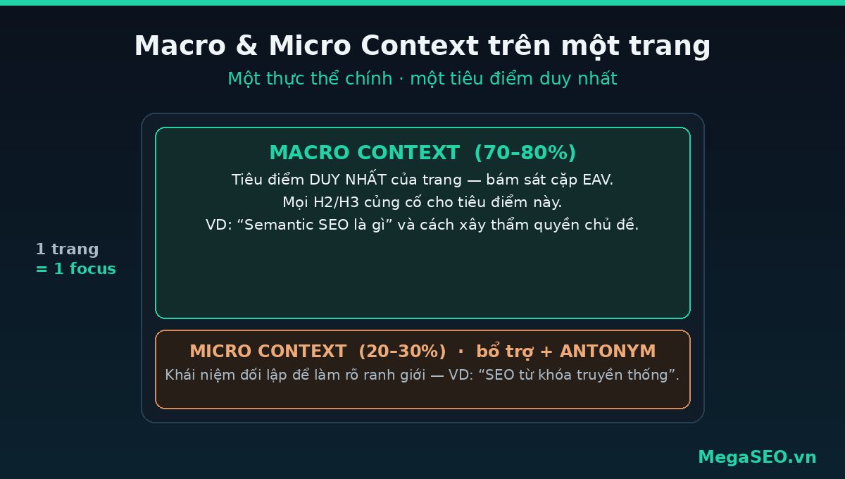 Sơ đồ Macro Context 70-80% và Micro Context 20-30% có antonym trên một trang Semantic SEO