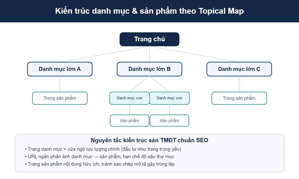 Sơ đồ kiến trúc danh mục và sản phẩm theo Topical Map cho sàn thương mại điện tử