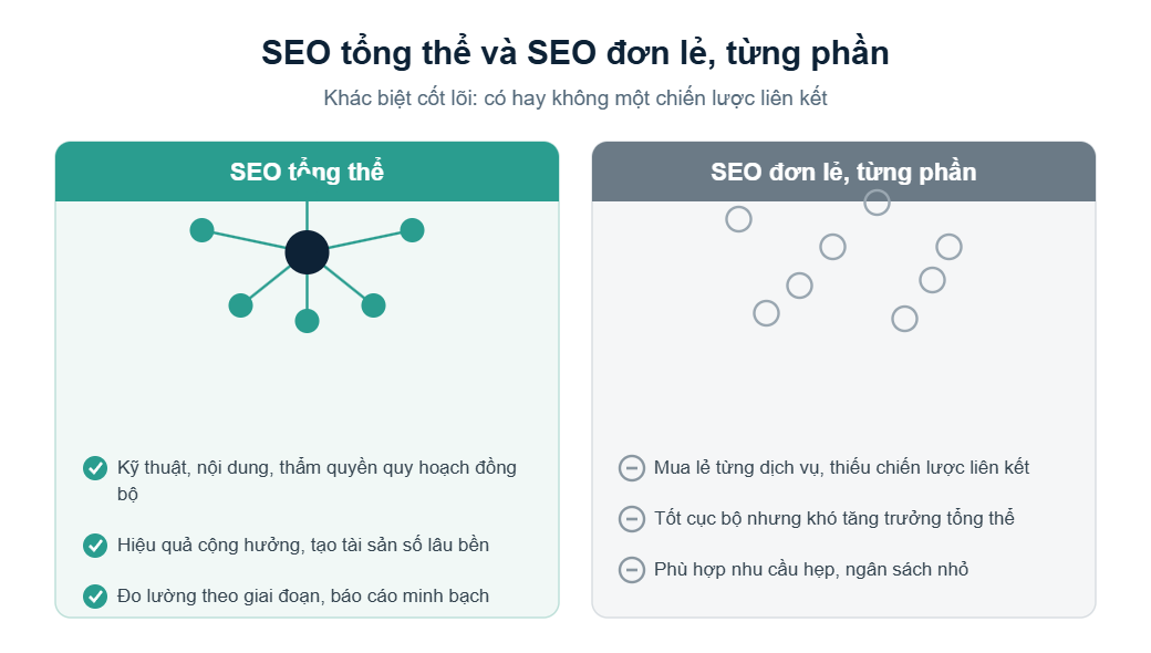 So sánh SEO tổng thể và SEO đơn lẻ, từng phần: tích hợp đồng bộ so với rời rạc