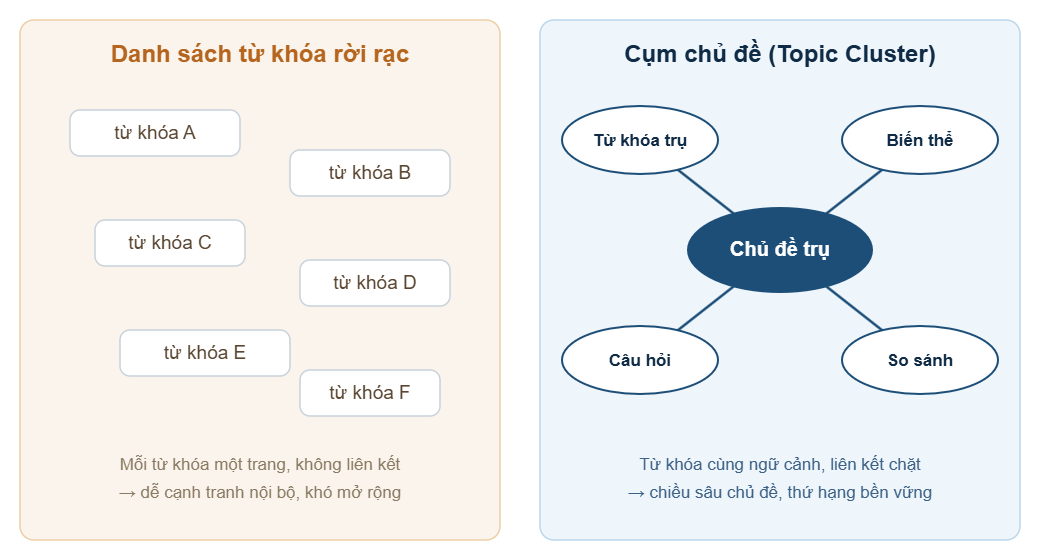 So sánh SEO theo danh sách từ khóa rời rạc và SEO theo cụm chủ đề